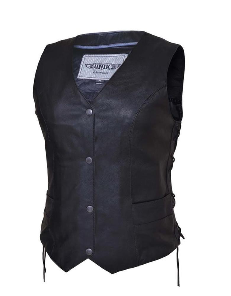 Ladies Traditional Premium Leather Motorcycle Vest,Black,Size 5XL 