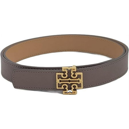 Tory Burch 141739 Britten Logo Clam Shell Grey/Tiramisu Light Brown With Gold Hardware Reversible 1 Inch Women's Belt Size Medium