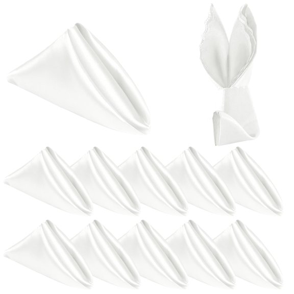10 Pack White Satin Dinner Napkins 17x17 Inches, Scalloped Square Silky Elegant Wedding Decor, Smooth Table Cloth for Restaurant Banquet Graduation Party