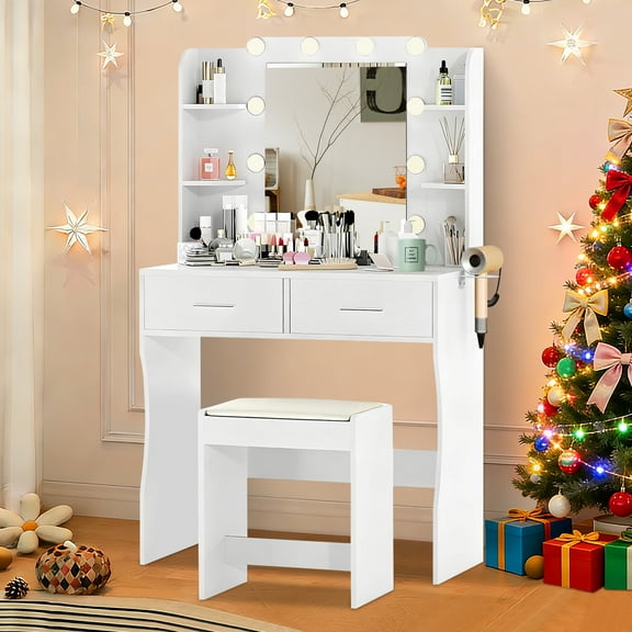 NiamVelo Makeup Vanity Desk with Mirror and Lights 3 Color Modes Vanity Table with 2 Drawers & 6 Storage Shelves Adjustable Brightness Dressing Table for Bedroom, with Bench , White