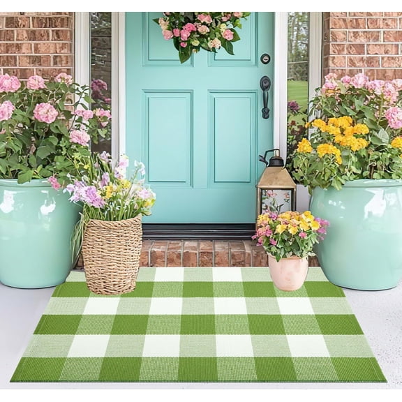Buffalo Plaid Door Mats Outdoor 24''''X35'''' Green and White Checked Outdoor Rug Cotton Woven Washable Layering Door Mat for Welcome Mat Entryway Bedroom Living Room