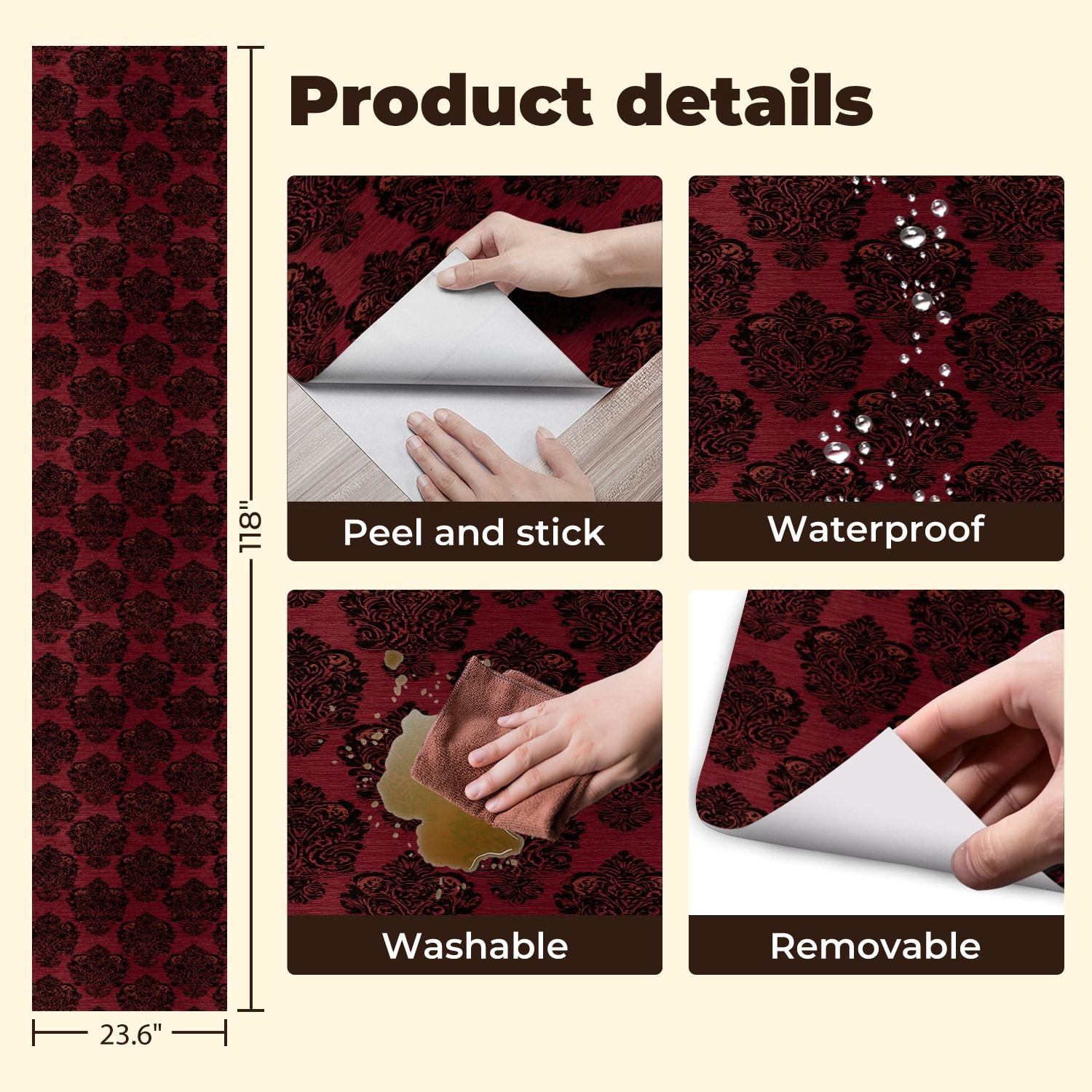 Peel and Stick Wallpaper Elegant Red Black Damask Vintage Design Wall Mural 23.6in x 9.8ft Self Adhesive Removable Wall Paper Renter Friendly Wallpaper for Nursery Bedroom Cabinets