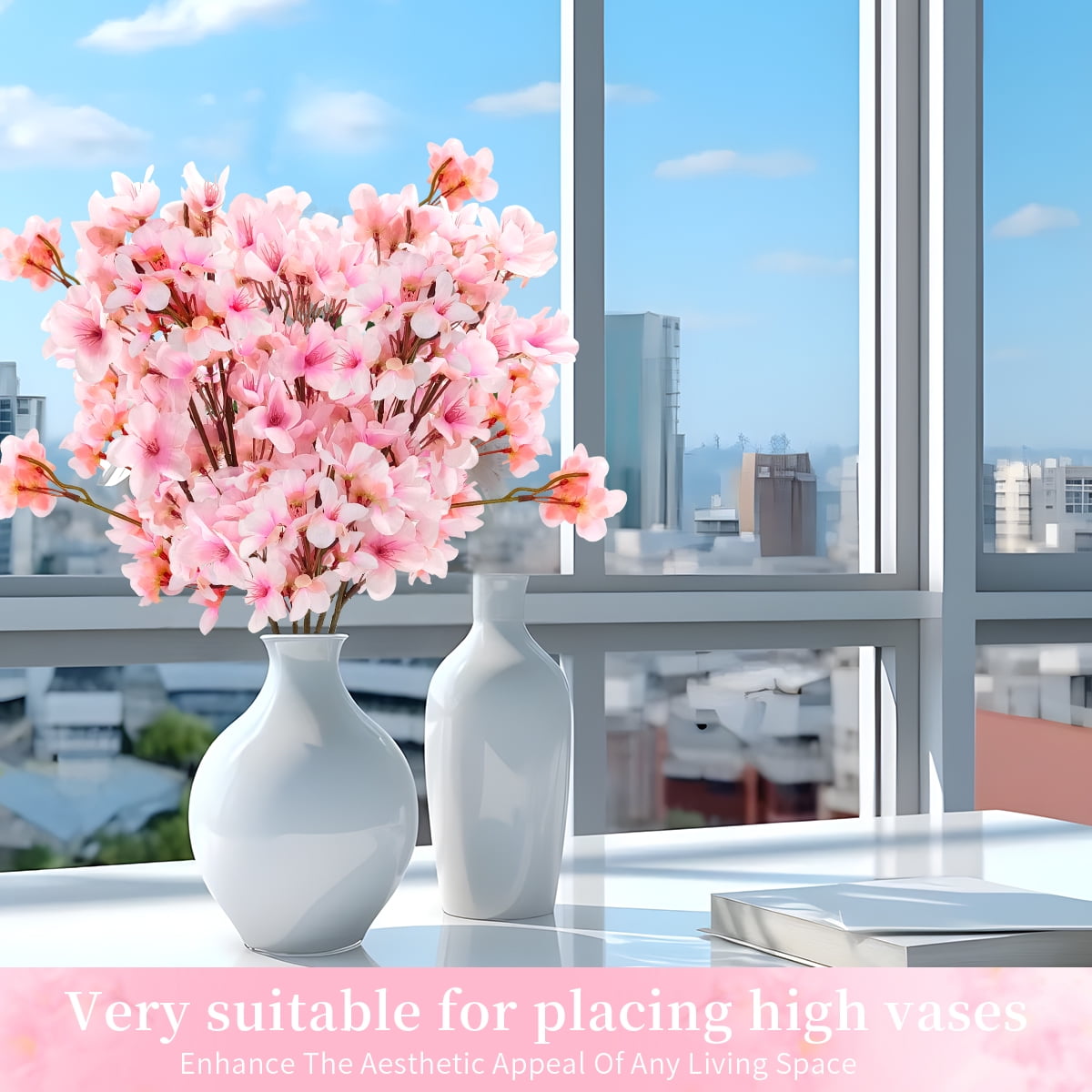 Cherry Blossom Branch Decor Artificial Pink Spring Flowers Silk Peach Flowers Fake Plants Arrangement for DIY Garden Home Wedding Party Décor 6Pcs