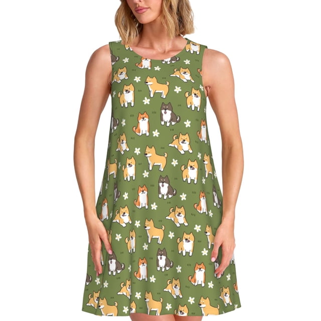Fotbe Shiba Inu Dog And Flower Vestido de Verano sin Mangas para Mujer – Vestido Midi Línea A, Estilo Camiseta Floral, Vestido Playero Casual y Fluido