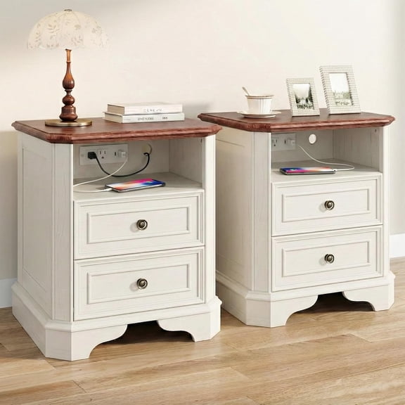24" White Nightstand Set of 2 with Charging Station, Modern Farmhouse Bedside Table with 2 Drawers and Open Shelf, Traditional Wood End Table with Outlets and USB Ports