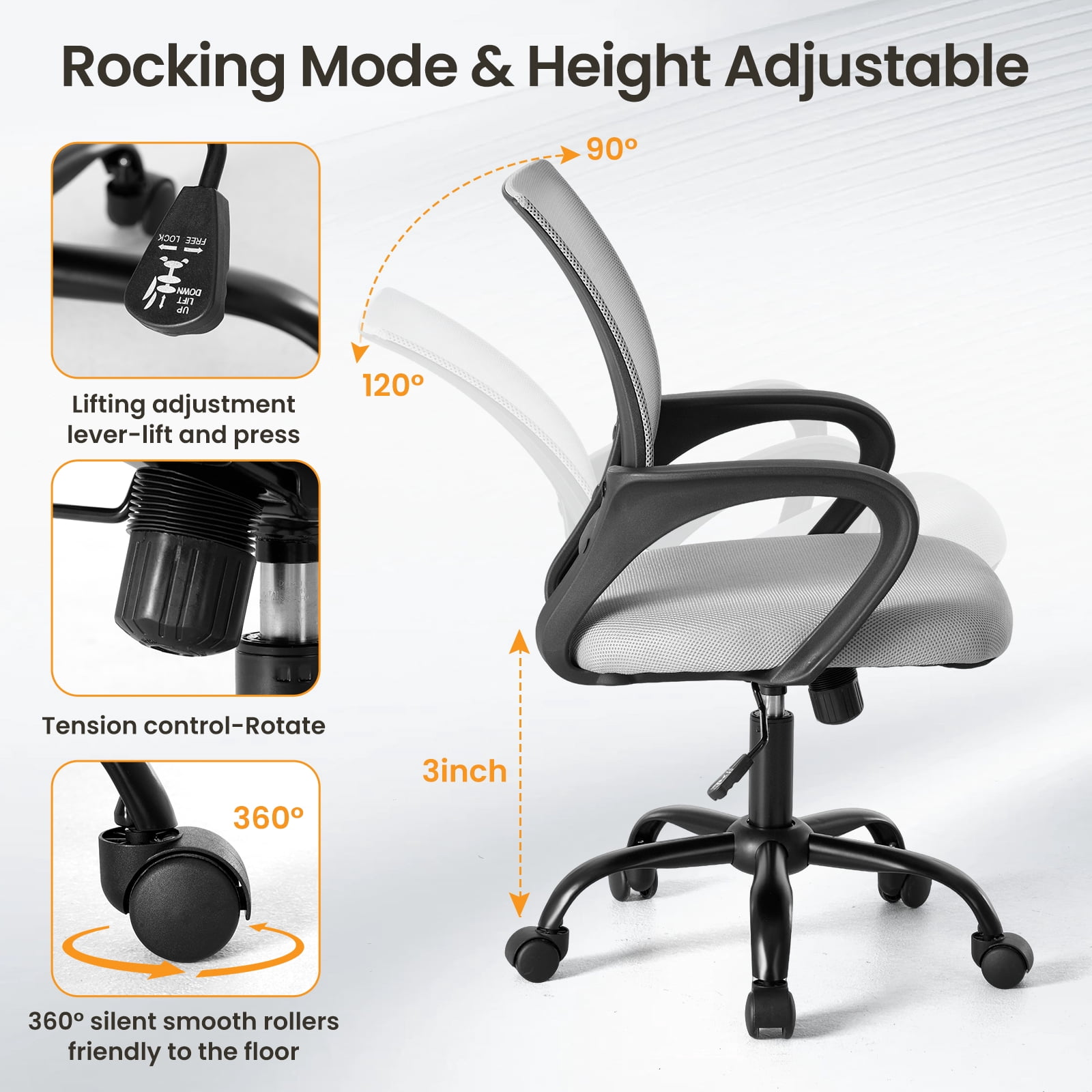 Gianna Ergonomic Office Chair, Mid-Back with Lumbar Support, Rocking and 360° Swivel for Home, Gaming, or Office