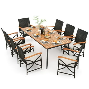Topcobe 79 Inch Outdoor Acacia Wood Dining Table and 8 Rattan-woven Dining Chairs with Umbrella Hole, Modern Patio Furniture