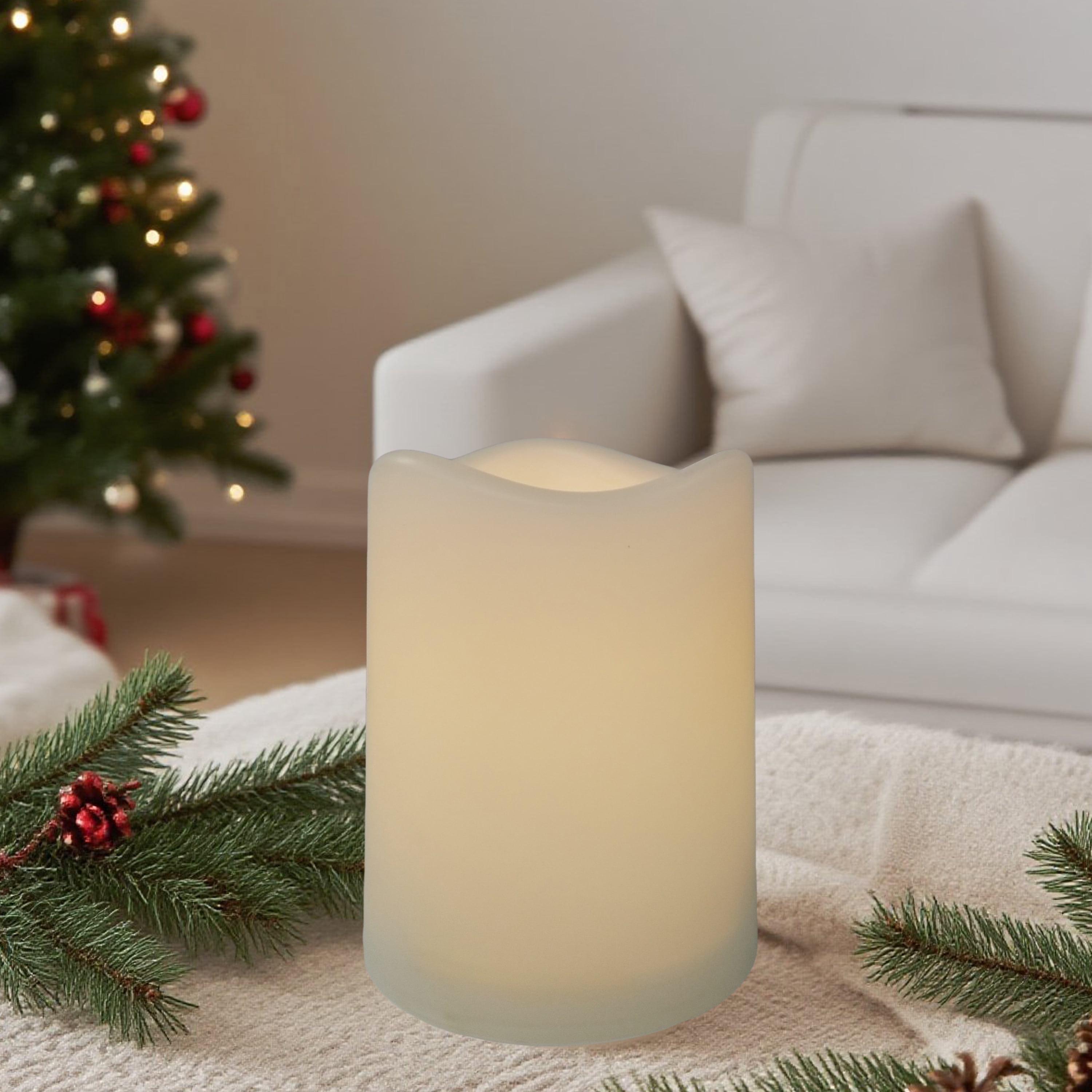 Indoor Battery-Operated LED Plastic Flameless Christmas Pillar Candle, White, 4", by Holiday Time