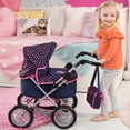 thumbnail image 2 of Bayer Design: Trendy Pram Stroller - Navy & Pink Hearts - Accessory For Dolls Up To 18", Matching Shoulder Bag, Adjustable Handle, Foldable, Kids 3+, 2 of 7