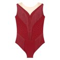 thumbnail image 3 of YONGHS Womens Rhinestone Fringed Leotard Mesh Patchwork Tassel Sleeveless Gymnastics Dance Bodysuit Burgundy M, 3 of 7