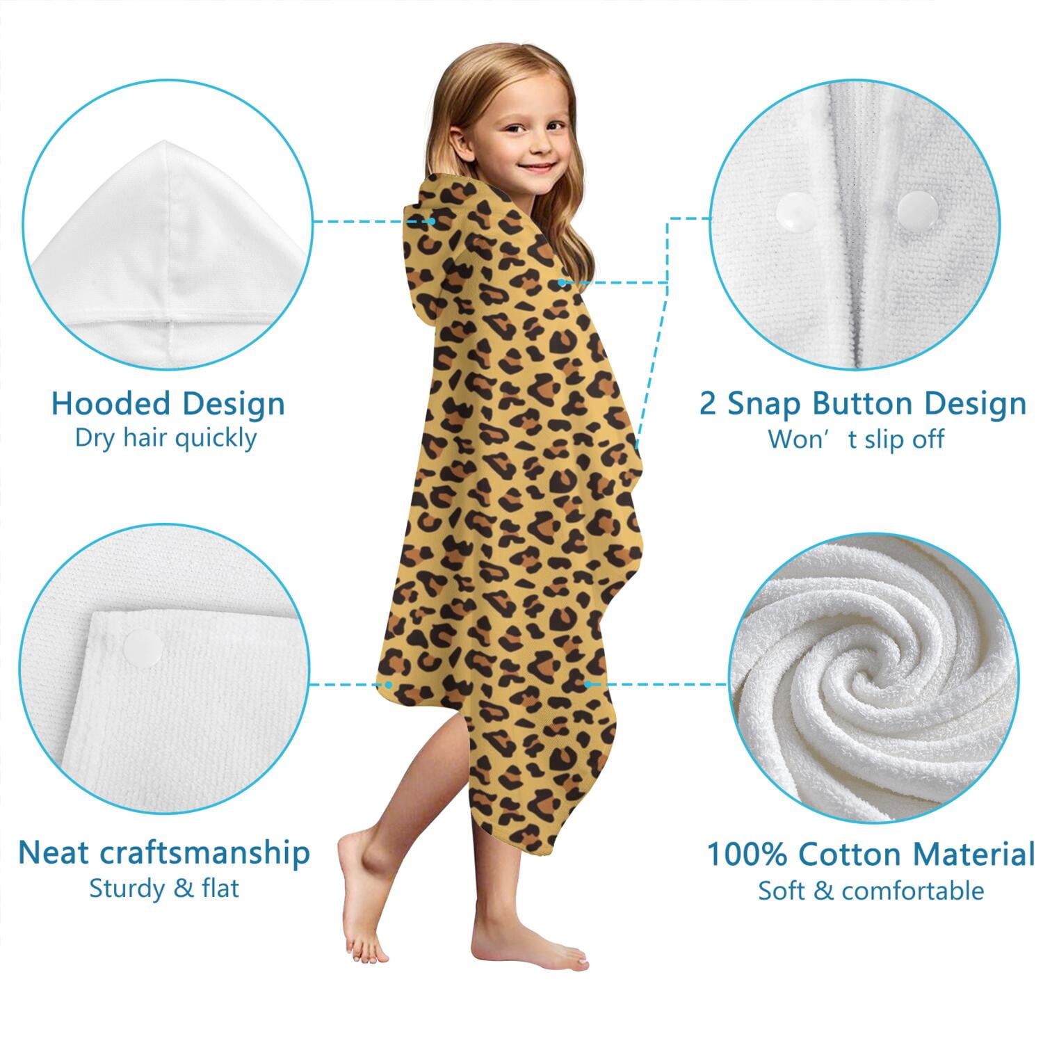 Yellow and Brown Of Cheetah Print Hooded Bath Towel，50"x30" for Ages 3 To 12 Kids, Quick Dry Lightweight Soft Microfiber Hood Beach Towel Cover Up for Kids