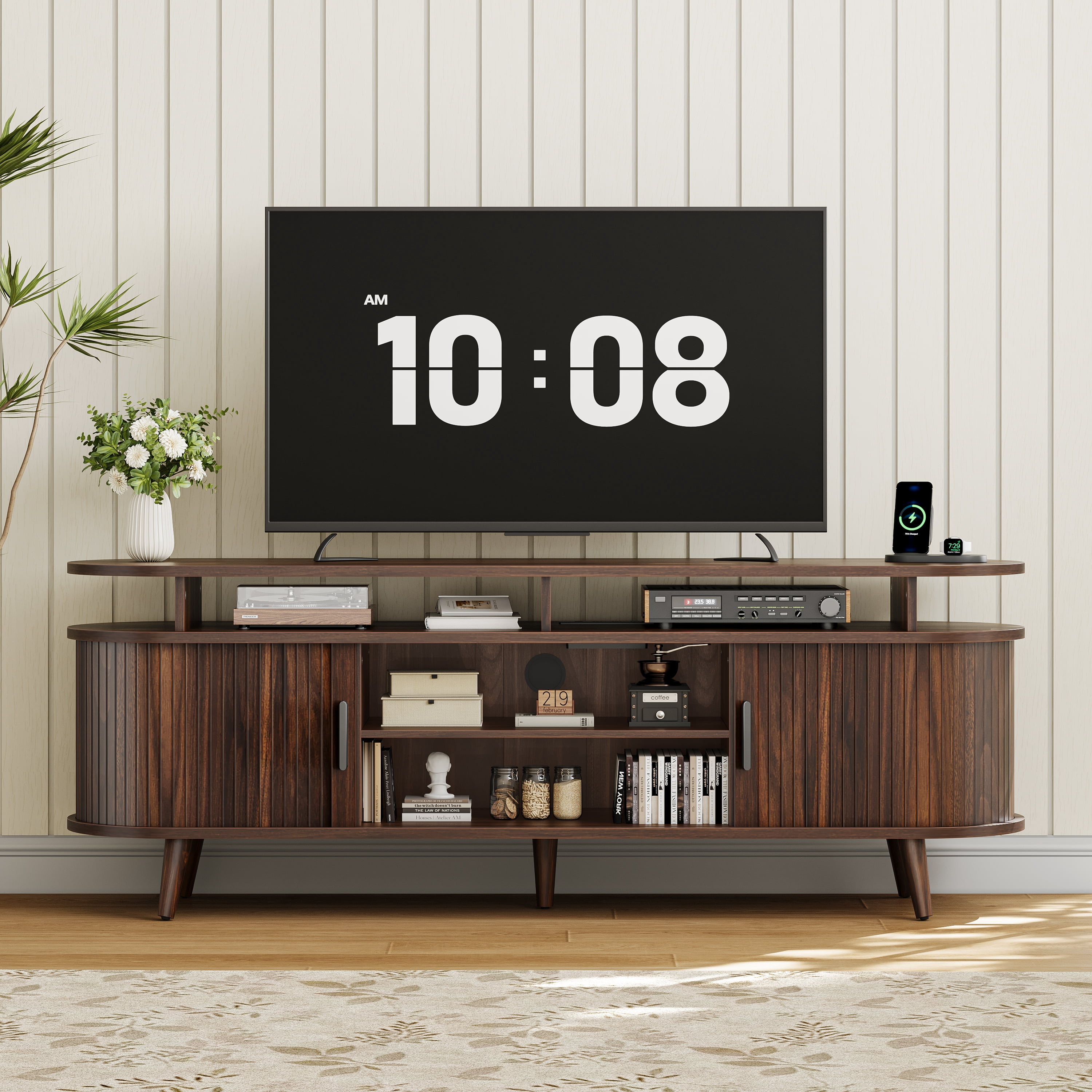 GUNAITO TV Stand for TVs up to 70", Wood TV Stand for Living Room with LED Lights , Entertainment Center with Storage and Shelves, Walnut