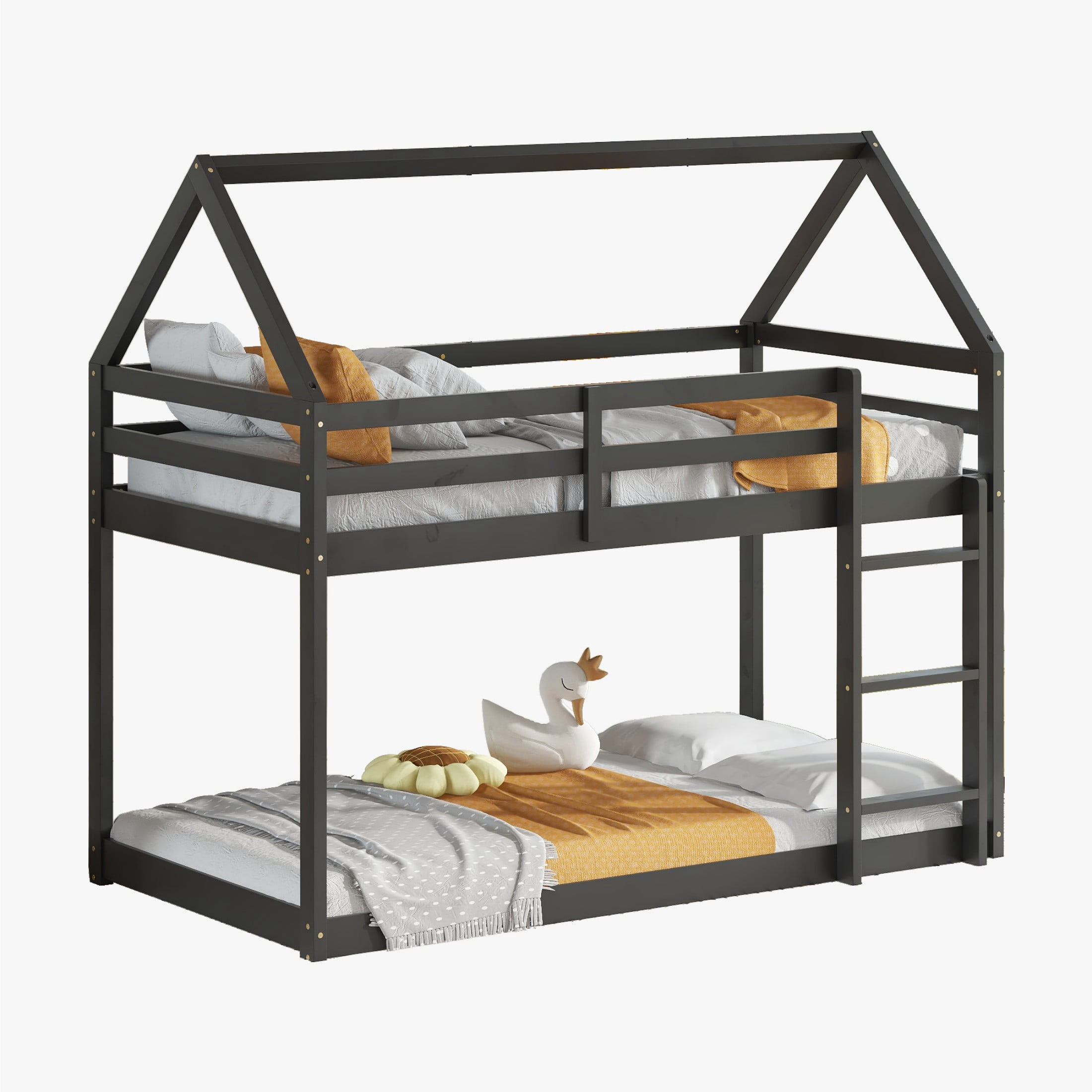 Alvantor Twin Over Twin Bunk Bed, Low House Bed with Guardrails for Kids Adults, Black