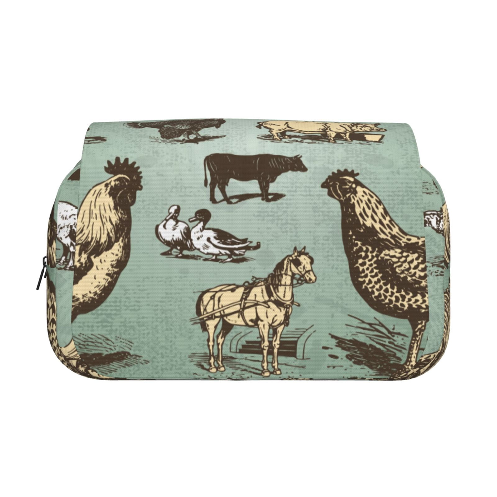 Rateoe Vintage Farm Animals Pattern Double Clamshell Pen Case, Storage Organizer with Two Zipper Compartments– Holds Up to 50 Pencils & Pens