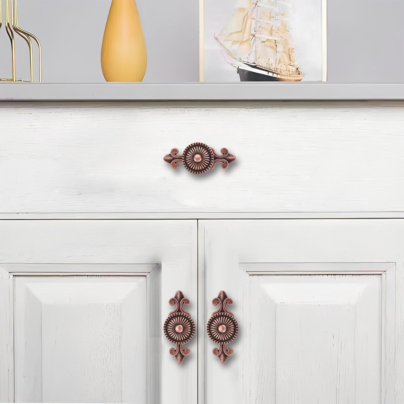 4 Pack Antique Brass Cabinet knobs Solid Heavy-Duty Vintage Retro Mushroom Drawer Knobs with Backplate Door Drawer Handles for Dresser Drawers Bi-Fold Door Knob