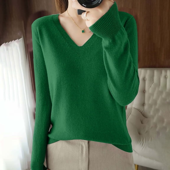 V Neck Sweater Office Cotton Sweaters Oversized Sweaters Knit Sweater V Neck Trendy Fall Fashion Women Plus Size Long Sleeve Teacher Outfits Lightweight Sweaters Fall Sweaters Green M