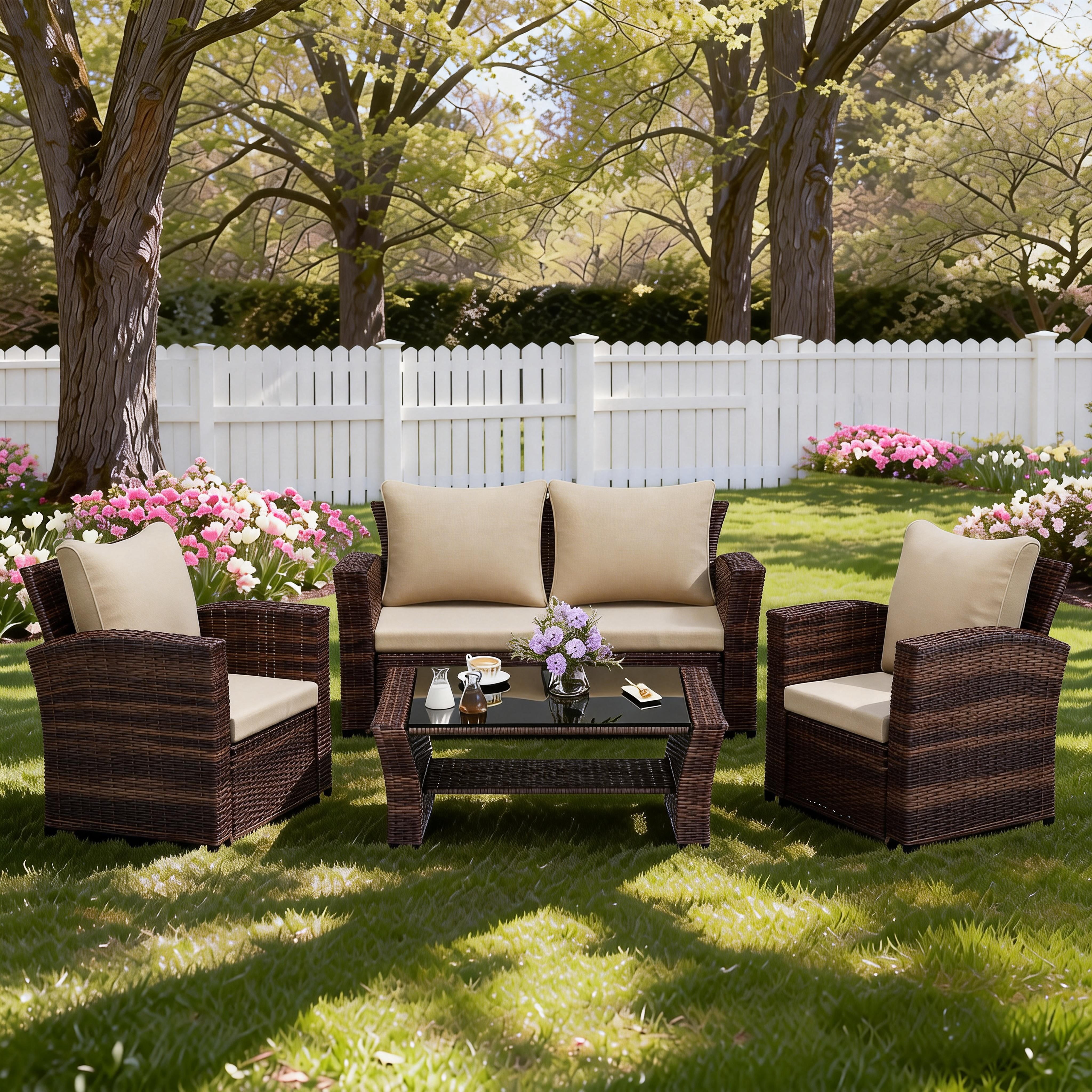 Superjoe 4-Piece Outdoor Patio Furniture Set, Rattan Wicker Sectional Sofa Set with Coffee Table,Brown