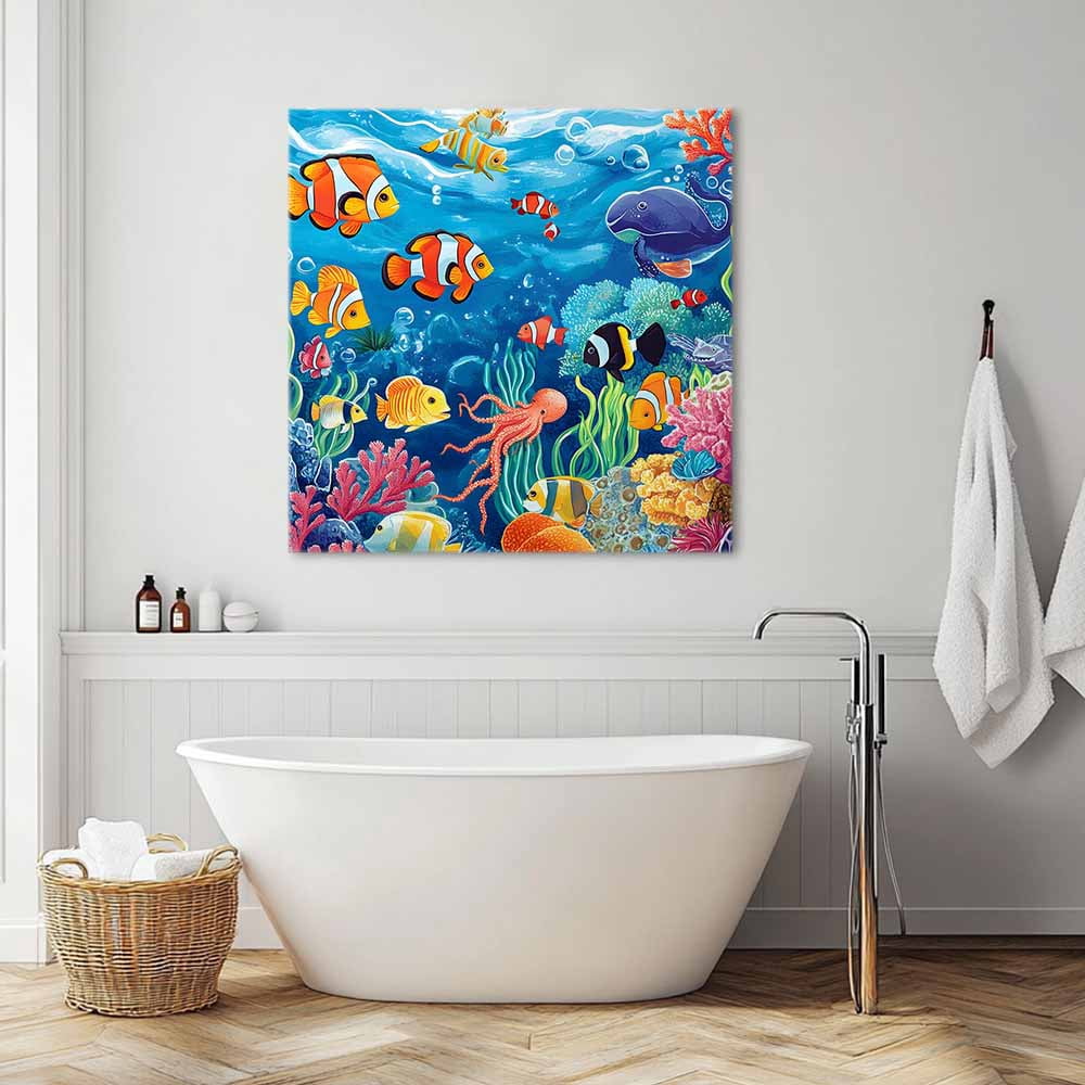 Ocean Underwater Canvas Wall Art, Marine Life Fish Octopus Coral Seagrass Framed Wall Decor Modern Artwork Prints Painting for Living Room, Bedroom, Kitchen & Cafe Decor 16x16 Inch