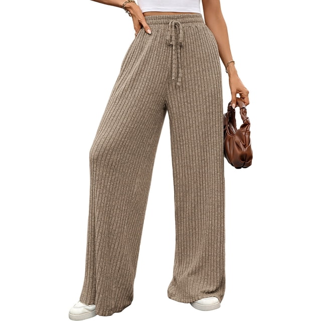 Pantalones de Pijama Holgados de Punto Suave con Bolsillos y Pernera Acanalada para Mujer con Cordón Ajustable. Marrón XXL