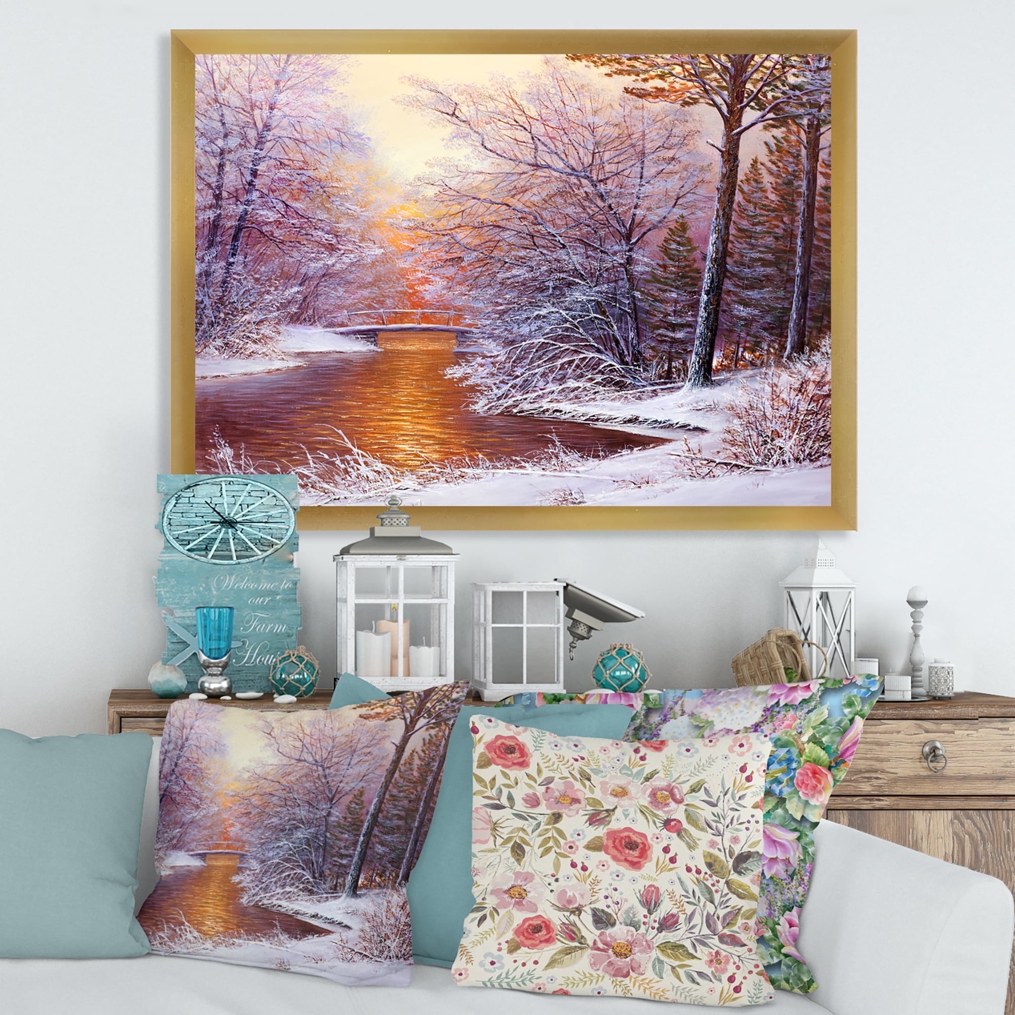Designart 'Christmas Forest With Trees and River II' Traditional Framed Art Print