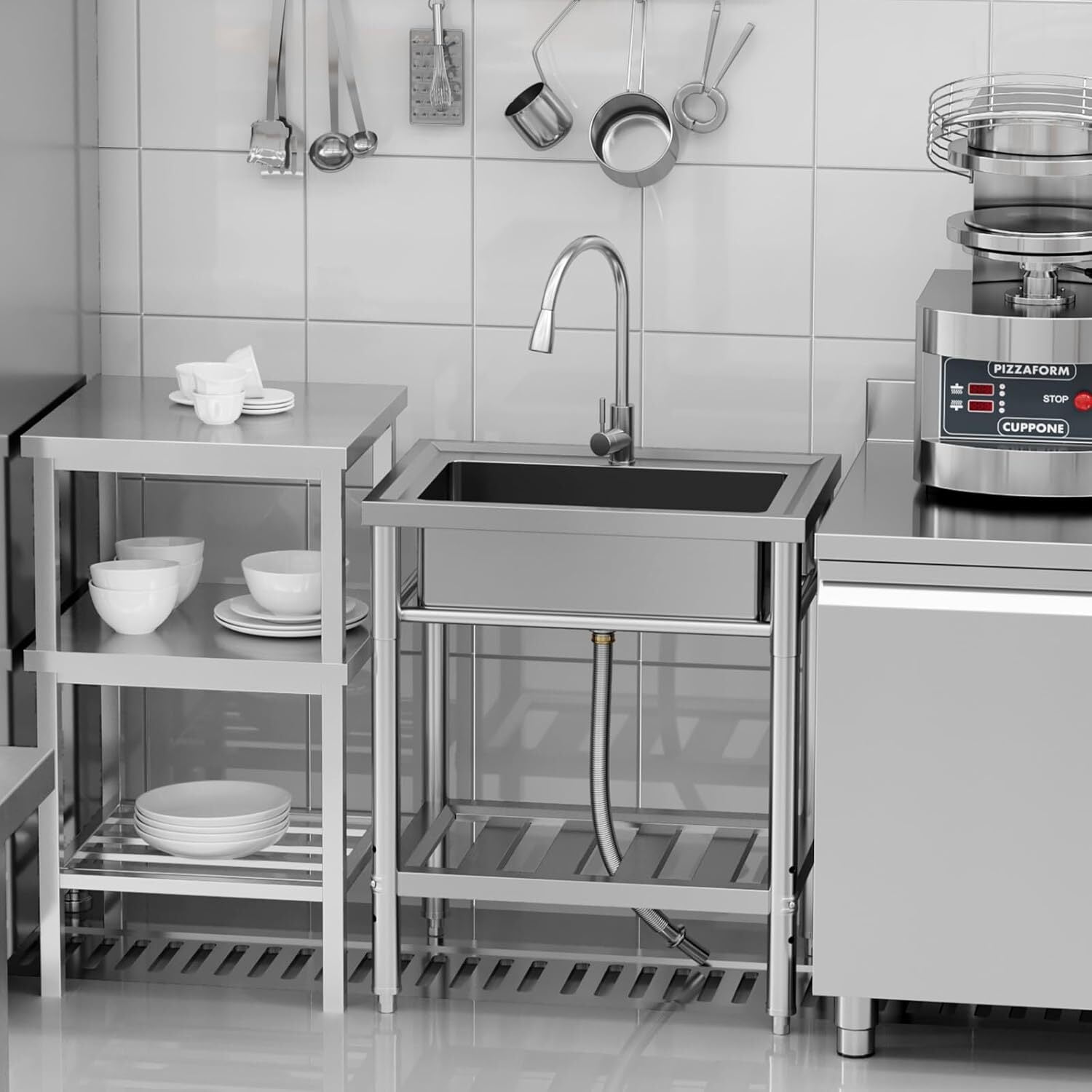 Garvee Utility Sink,28"Dx20"Wx24"H,Stainless Steel Sink with Hot & Cold Hoses,Storage Shelve,Faucet for Kitchen,Laundry Room,Backyard,Garage