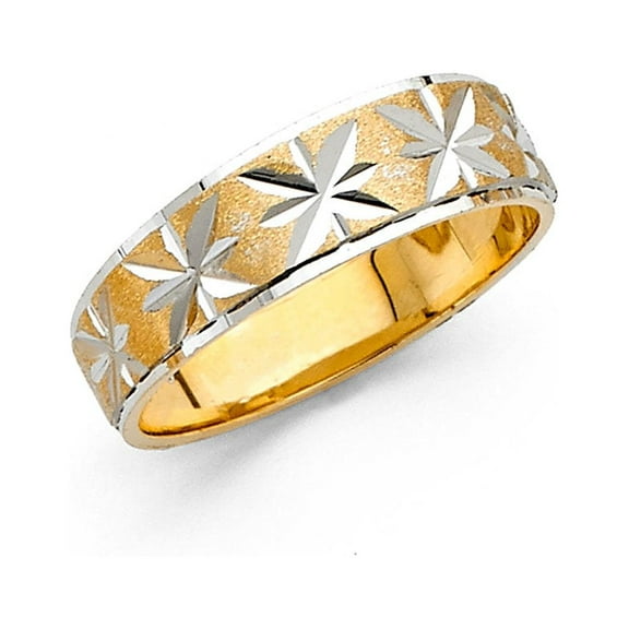 Wedding Ring Solid 14k Yellow White Gold Diamond Cut Band Satin Finish Mens Womens Style Two Tone 6 mm Size 5