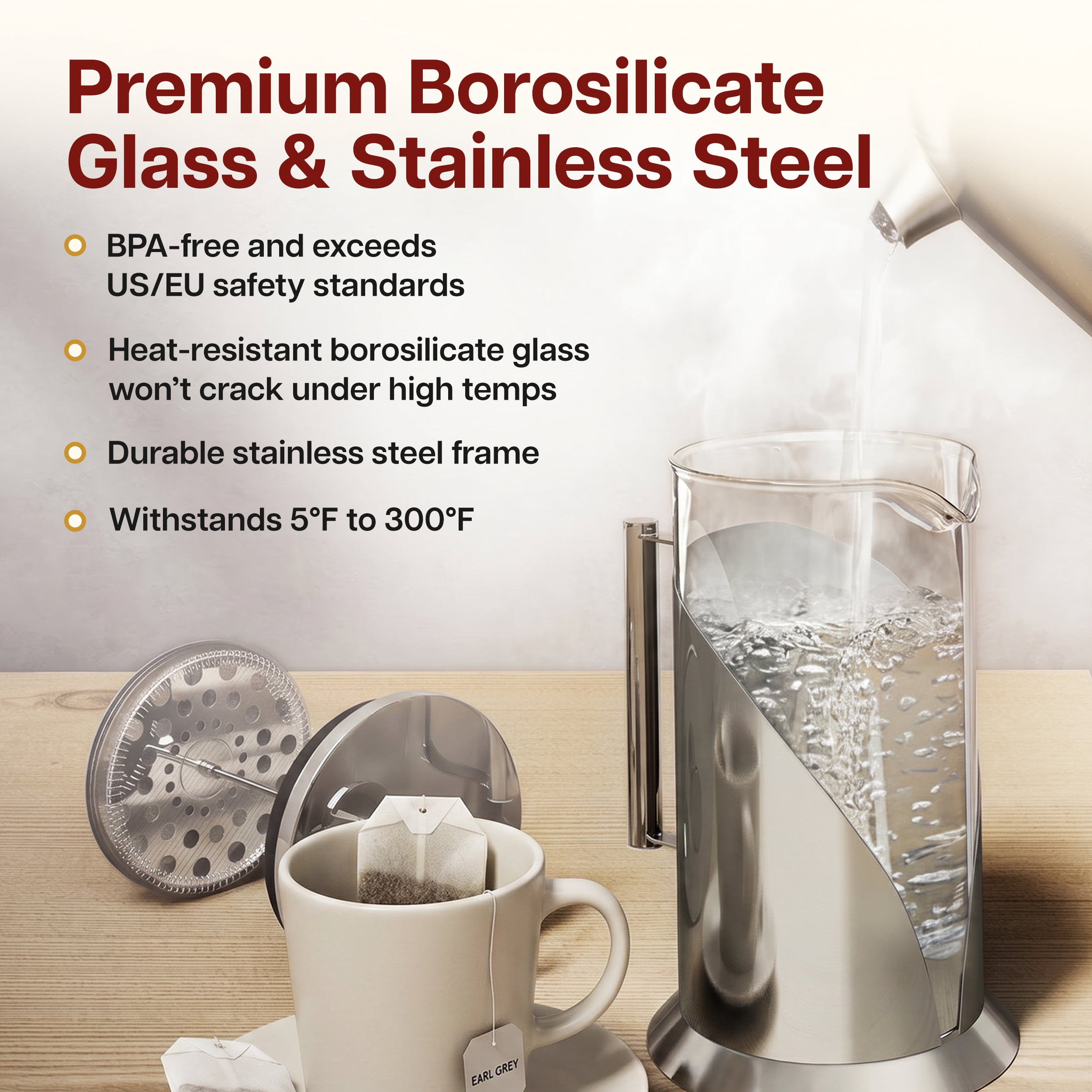 Cafe Du Chateau Stainless Steel French Press Coffee Maker, 34 oz Manual Coffee &Tea Brewer