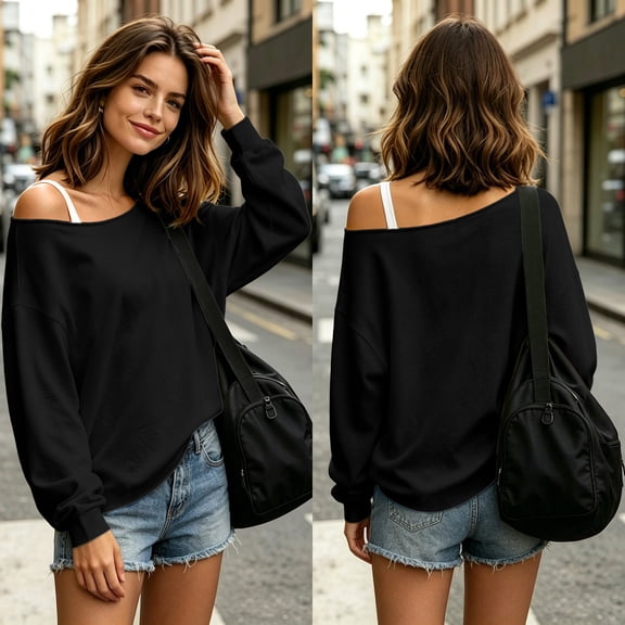 NSLGXD Black Sweatshirt for Women Off Shoulder Lightweight Oversized Tops Casual Loose Long Sleeve Pullover S-3XL