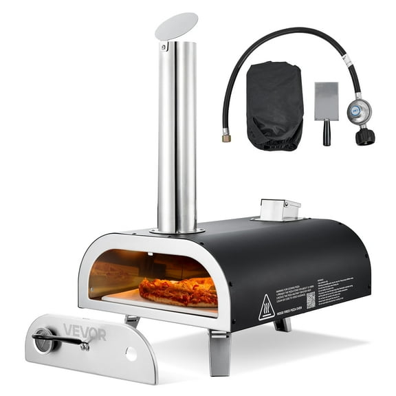 VEVOR Dual Fuel Pizza Oven Outdoor, 12 in Wood Fire & Propane Gas Pizza Oven, Portable Pellet & Propane Pizza-Maker with Thermometer, Iron Spray Black Shell Pizza-Cook for Outside Camping & Backyard