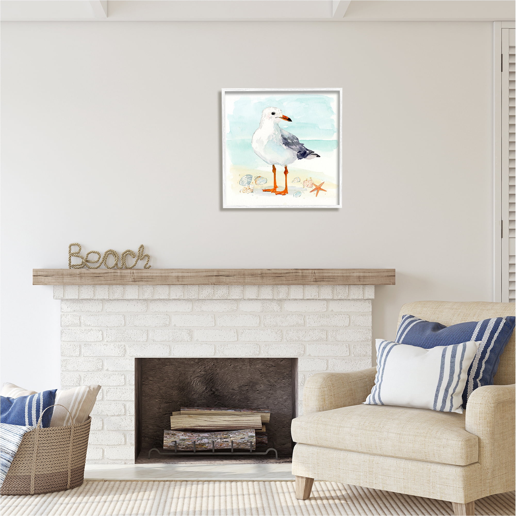 Stupell Industries Coastal Seagull & Shells Animals & Insects Painting White Framed Art Print Wall Art, 24 x 24