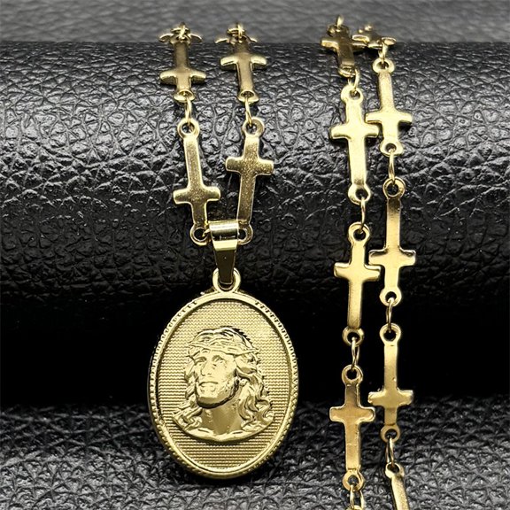 Christ Jesus Cross Chain 14K Yellow Gold Necklace for Women Men Golden Color Male Chain Jewelry
