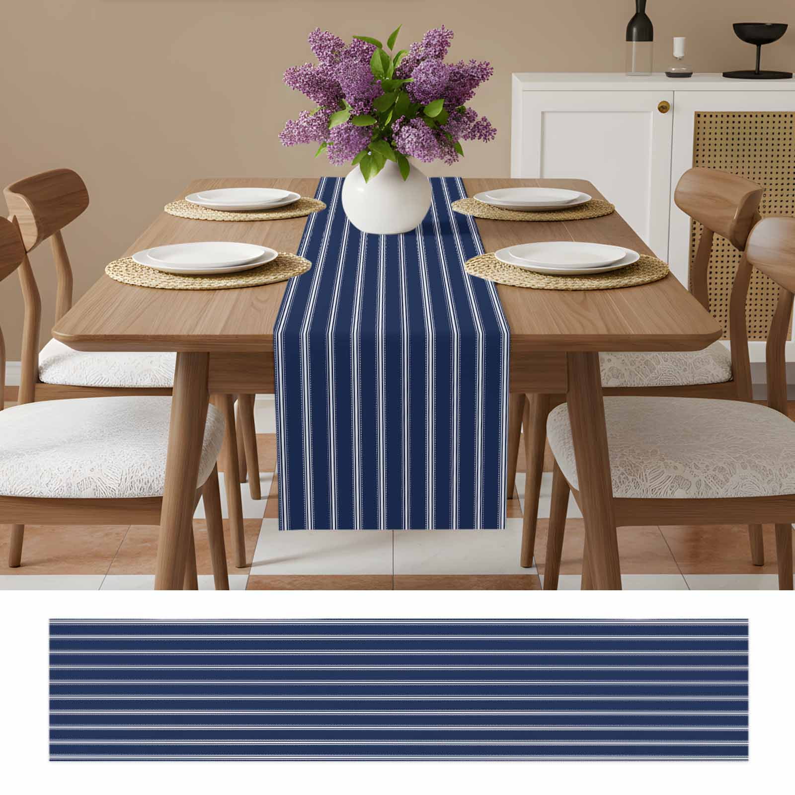 Navy Blue Striped Table Runner, Navy Blue White Farmhouse Stripes Washable Cotton Linen Table Runners 60 Inches Long, Dresser Scarf Runner for Coffee/TV Stands/Kitchen/Cabinets 13''x60''