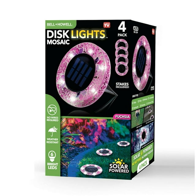 Bell+Howell Mosaic Disk Lights Solar Powered Disk Lights 4 Pack in pink, featuring a mosaic design with integrated solar panels and six bright LEDs per light. These weather-resistant lights are suitable for outdoor use, such as garden pathways or landscaping. The package includes four lights with stakes for easy installation.
