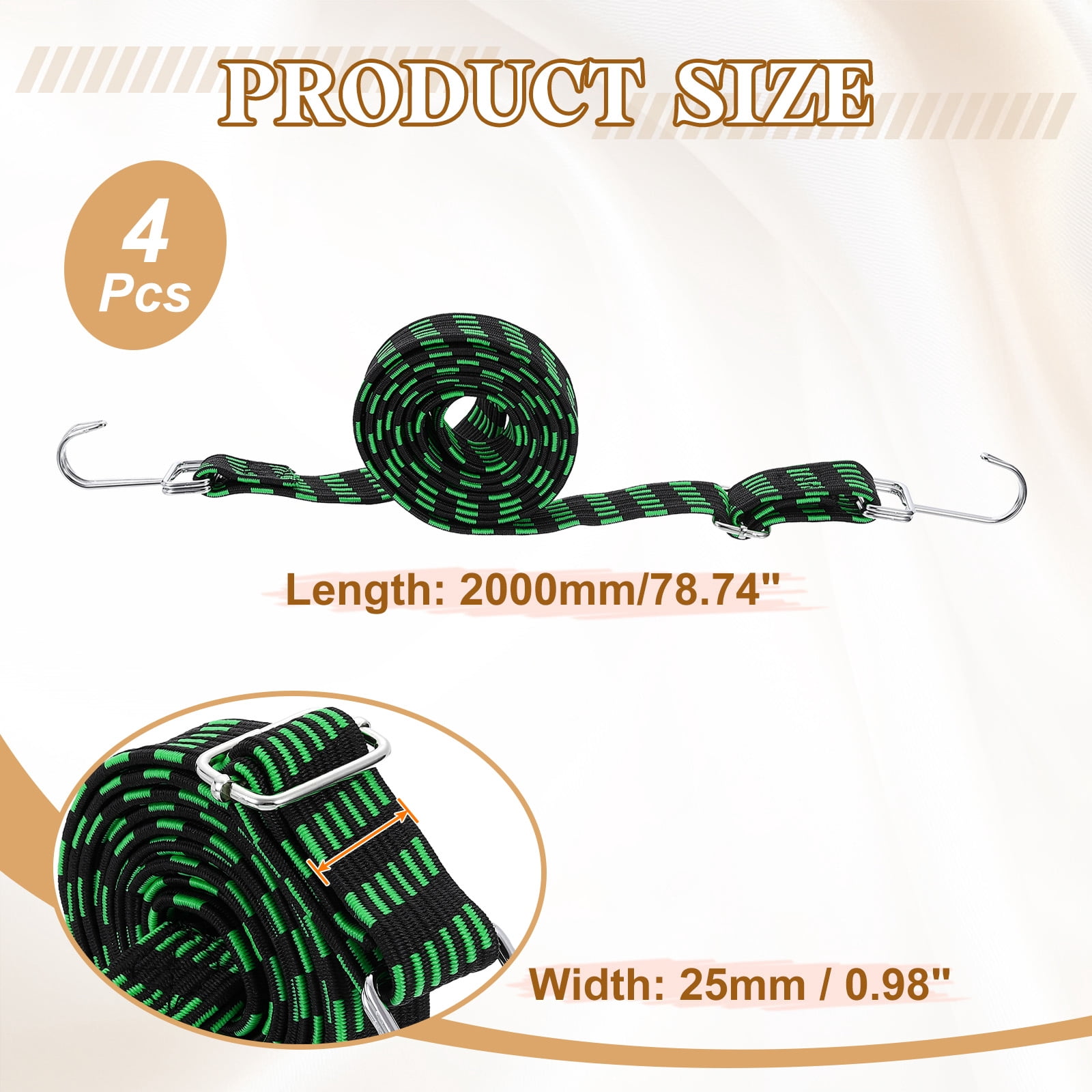 Uxcell 4 Pack Adjustable Bungee Cords with Hooks, 79 Inch Flat Heavy Duty Elasticity Straps Rubber Bungee Cords with Buckle for Outdoor, Camping, Tarp, Bike Rack, Luggage, Black Green