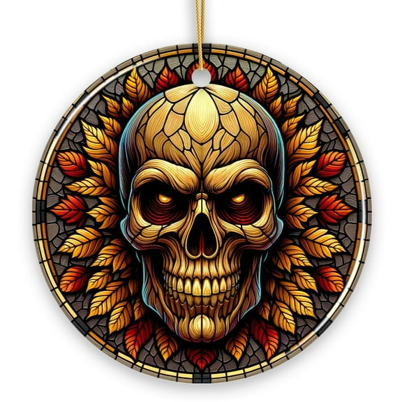 Spine-Chilling Haunting Skull Stained Glass Style Ceramic Ornament, Halloween Themed Christmas Gift and Decor