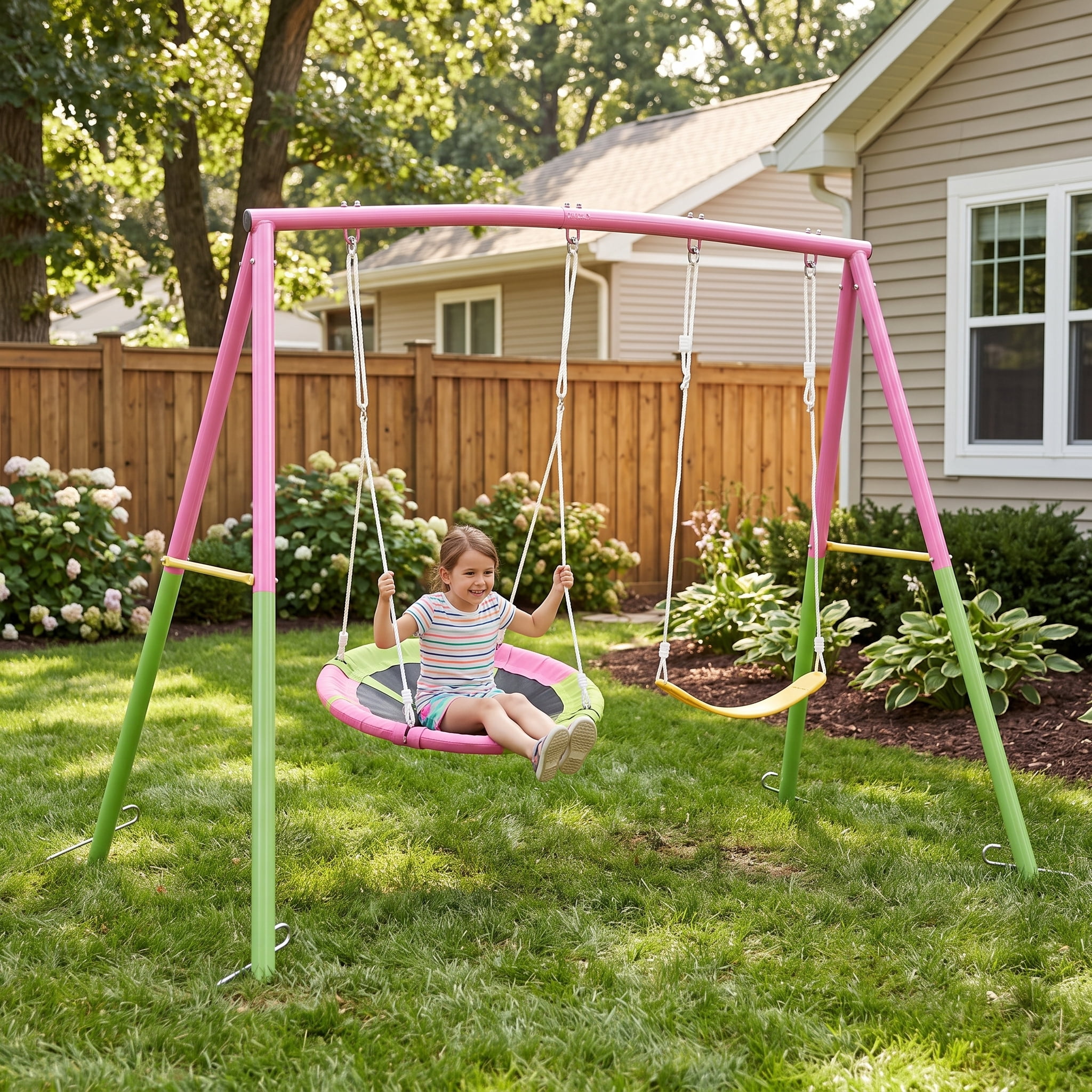 330lbs Heavy-Duty A-Frame Swing Set, Outdoor Metal Swing Stand with 32" Saucer Swing and Belt Swing Seat for Backyard Garden Patio