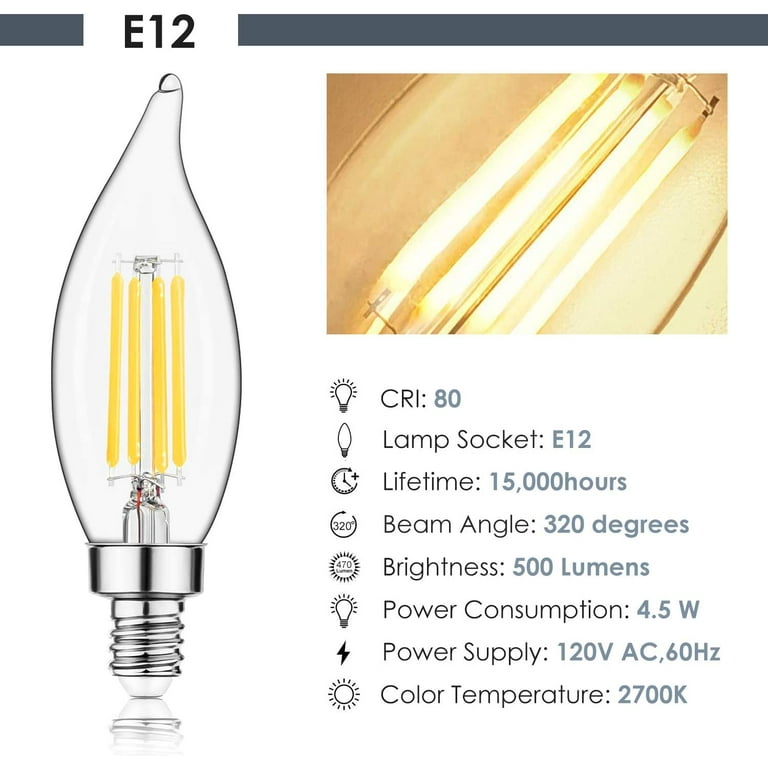 Sengled E12 LED Candelabra Bulb 60W Equivalent Dimmable LED Chandelier Light Bulbs 4.5W 2700K Soft White 500lm B10 Flame Tip Vintage LED Filament Candle