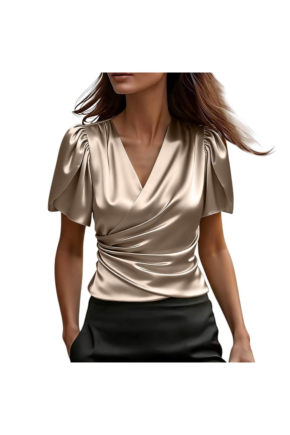 Satin Blouses for Women Silk Short Sleeve Cross V Neck Ruched Wrap Slim Tunic Tops Dressy Casual Shirts