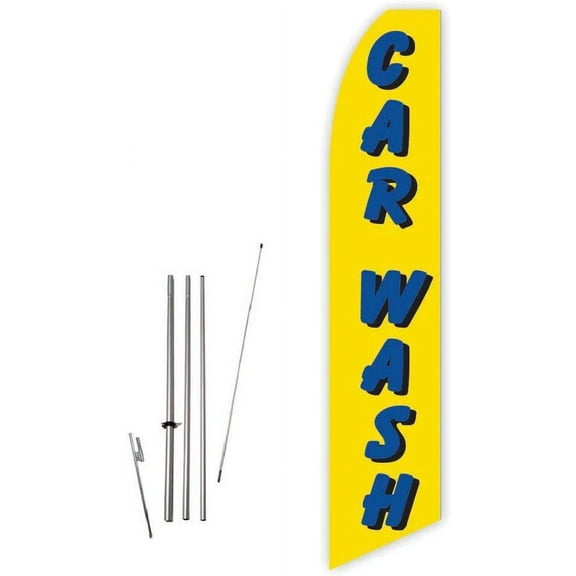 Car Wash Yellow/Blue Super Novo Feather Flag - Complete with 15ft Pole Set and Ground Spike