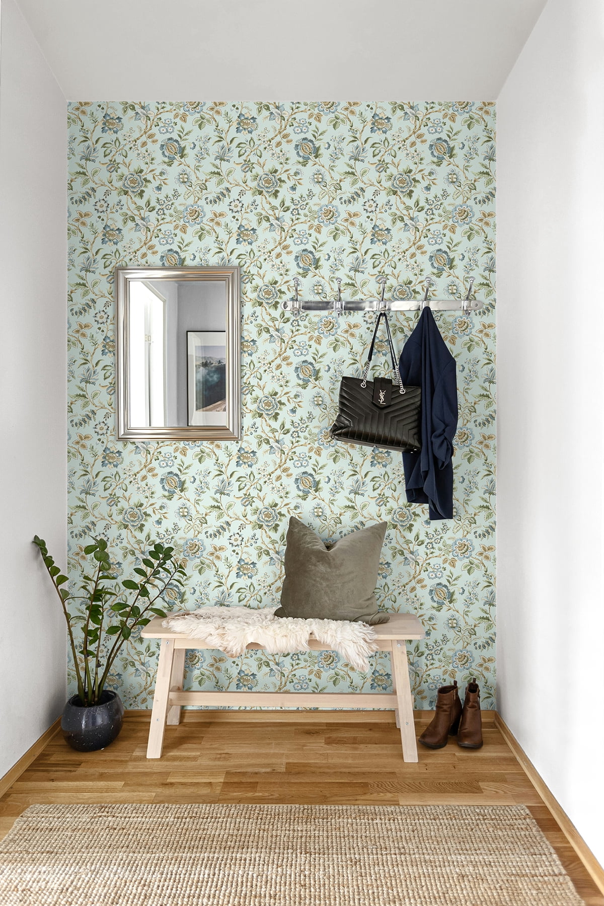 Stacy Garcia Home Sea Mist Jacobean Floral Trail Peel and Stick Wallpaper - 20.5 in. W x 10 ft. L Roll