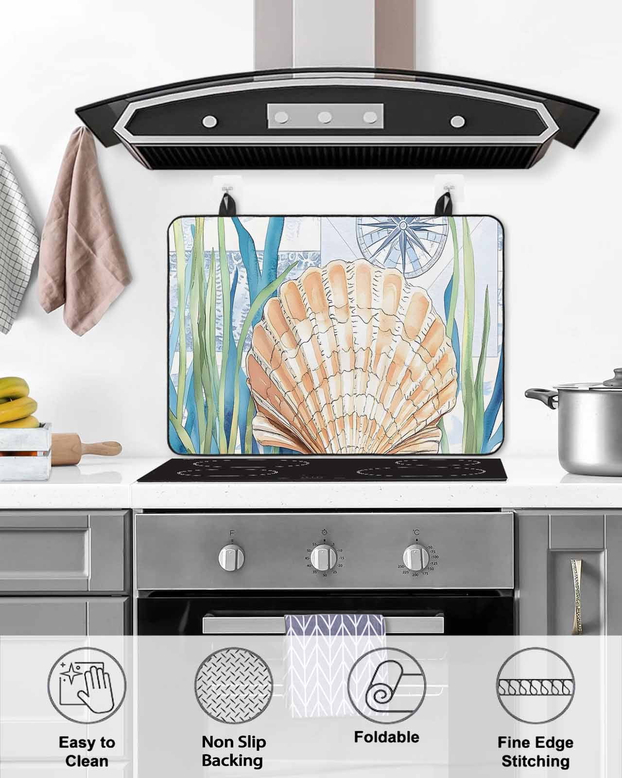 nqOlkjepod Large Induction Cooktop Protector Mat 24"x21", Summer Nautical Stove Top Covers for Electric Stove, Ocean Watercolor Blue Green Plant Shell Stove Burner Cover Mats, Glass Top Stove Cover
