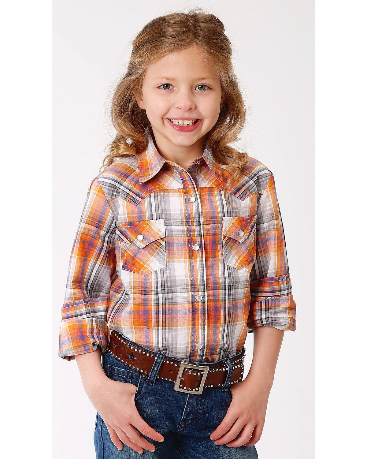 Panhandle Girls White Label by and Orange Plaid Long Sleeve Western Shirt C6s4405