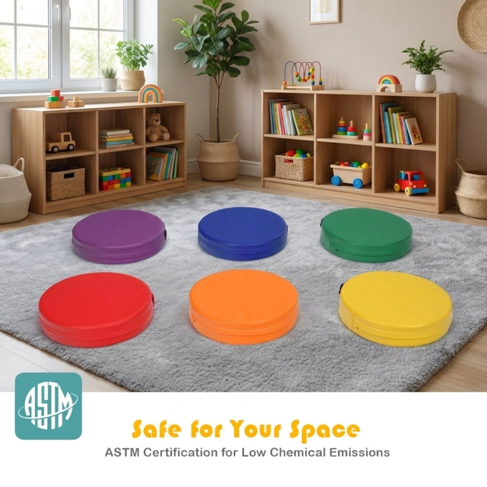 Furnibear 6 Pieces 15 Inch Round Toddler Floor Cushions Soft Foam Seating Set for Kids Playroom Nursery Reading Nook and Living Room, Multicolor