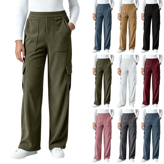 Cargo Pants For Women Corduroy Wide Leg Baggy High Waisted Stretch Jeans Pockets Straight Casual Jeans