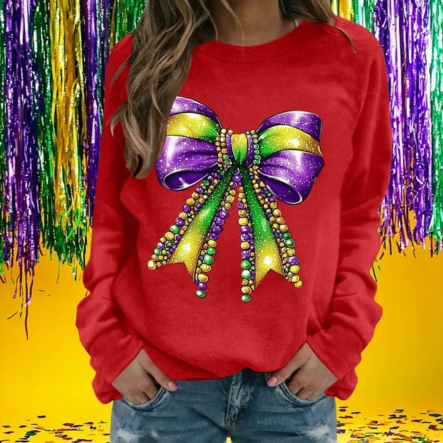 Xuyuer Women's Carnival Printed Long Sleeved Round Neck Mardi Gras Sweatshirt Carnival Outfits Women Carnival Sweatshirts Fat Tuesday Fashionable Pullover Tops