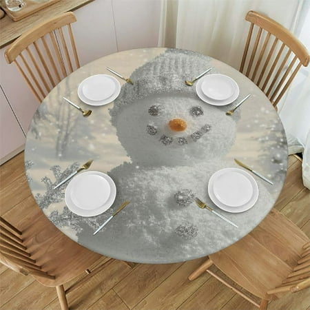 

Patifu Snowman Sleigh Snow Round Table Cover Stain Resistant Washable for Indoor Outdoor Kitchen Dining Wedding Parties 100% Polyester Elastic Edge Christmas Table Cloth 46 -50