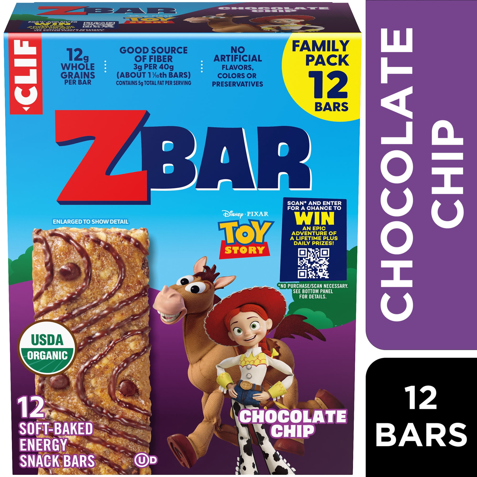 Zbar Chocolate Chip Soft-Baked Energy Snack Bars, Organic Granola Bars, Snacks for Kids, 12ct