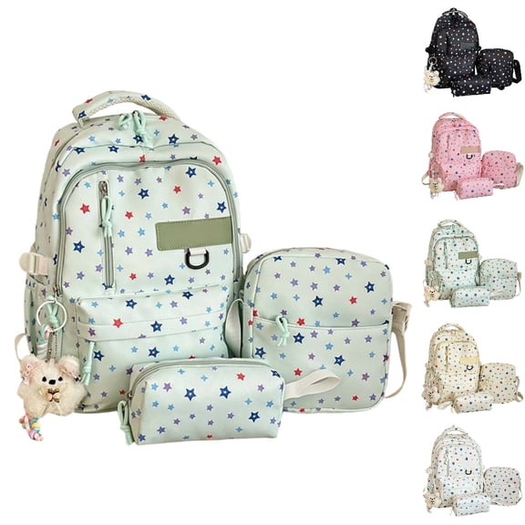 HJYCHN School Backpack for Boys Star Print 3Pc Set Daypack with Crossbody Pencil Case Charm Back to School Supplies for Kids Backpack for Girls Green