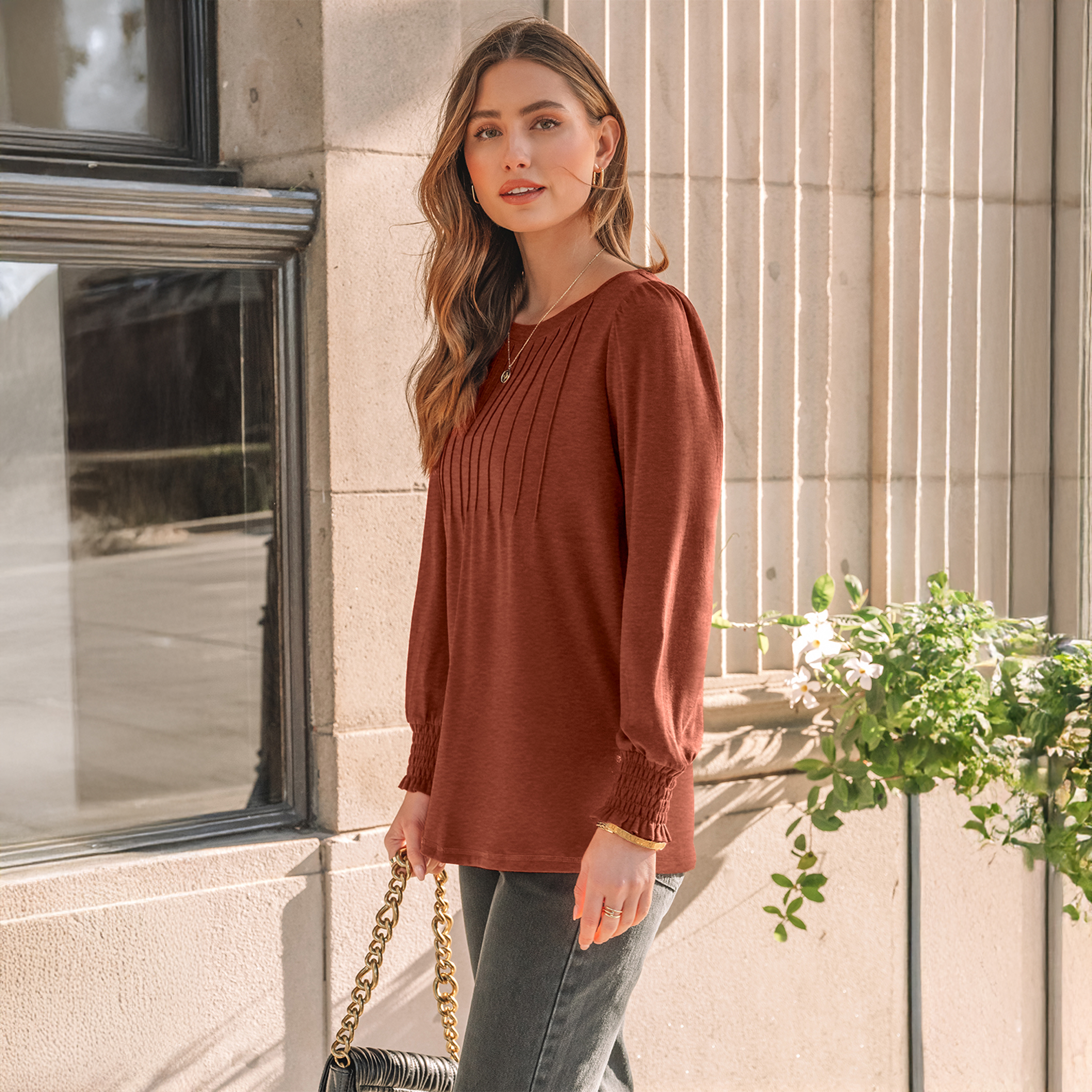 SUNBS Women's Pleated Long Sleeve Blouse, Orange photo 5