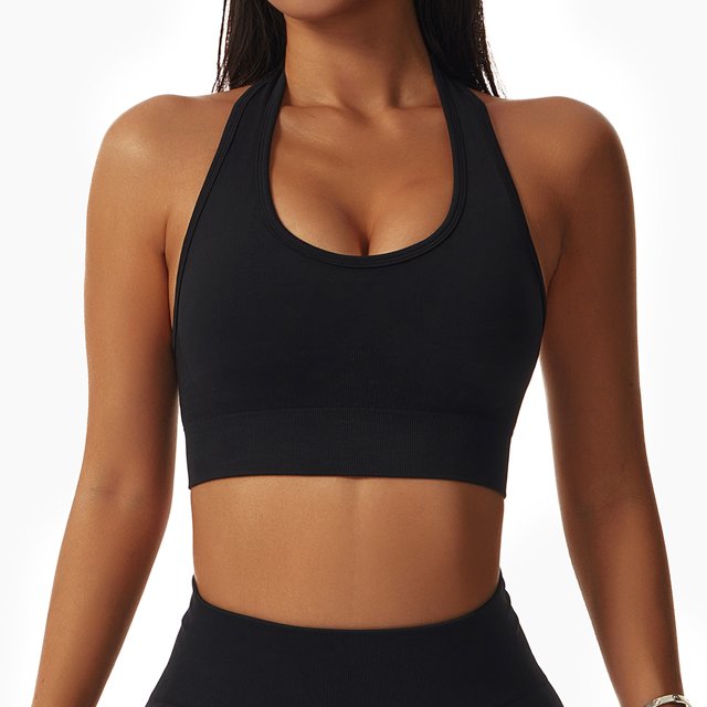 Sujetador de yoga para mujer con cuello en U y espalda descubierta, elástico, sin costuras, soporte deportivo con almohadilla para el pecho, color negro S